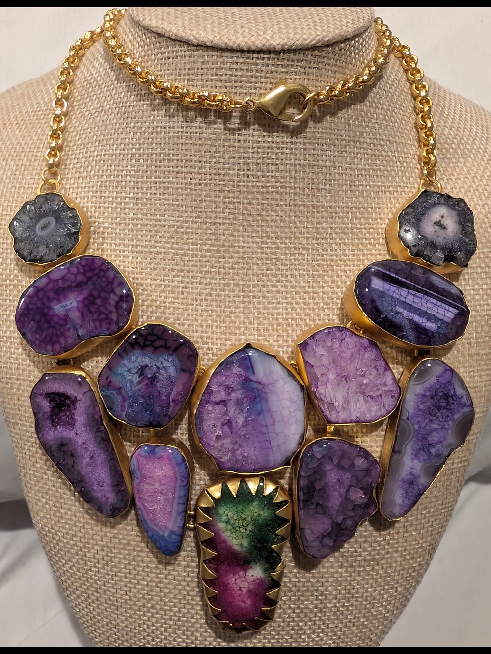 Turkish Amethyst Gem Stone Bold Purple Stone Statement Necklace - Gold Tone